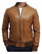 Men’s Brown Waxed Real Leather Tan Bomber Leather Jacket