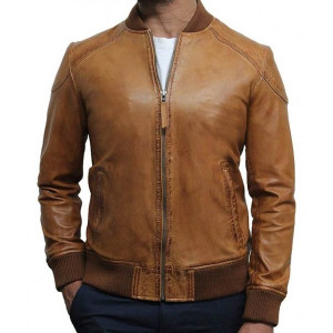 Men’s Brown Waxed Real Leather Tan Bomber Leather Jacket