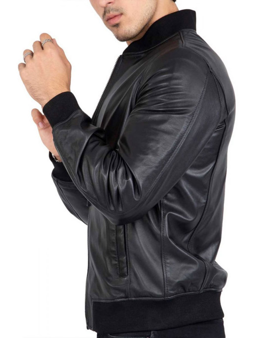 Men’s Casual Bomber Real Black Leather Jacket Men’s Casual Bomber Real Black Leather Jacket