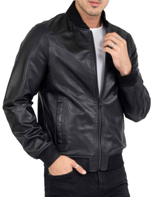 Men’s Casual Bomber Real Black Leather Jacket Men’s Casual Bomber Real Black Leather Jacket