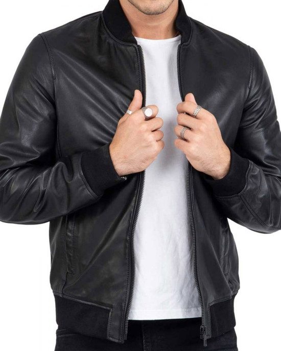 Men’s Casual Bomber Real Black Leather Jacket Men’s Casual Bomber Real Black Leather Jacket