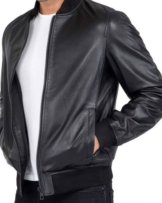 Men’s Casual Bomber Real Black Leather Jacket Men’s Casual Bomber Real Black Leather Jacket