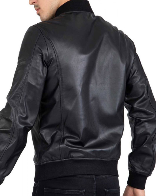 Men’s Casual Bomber Real Black Leather Jacket Men’s Casual Bomber Real Black Leather Jacket