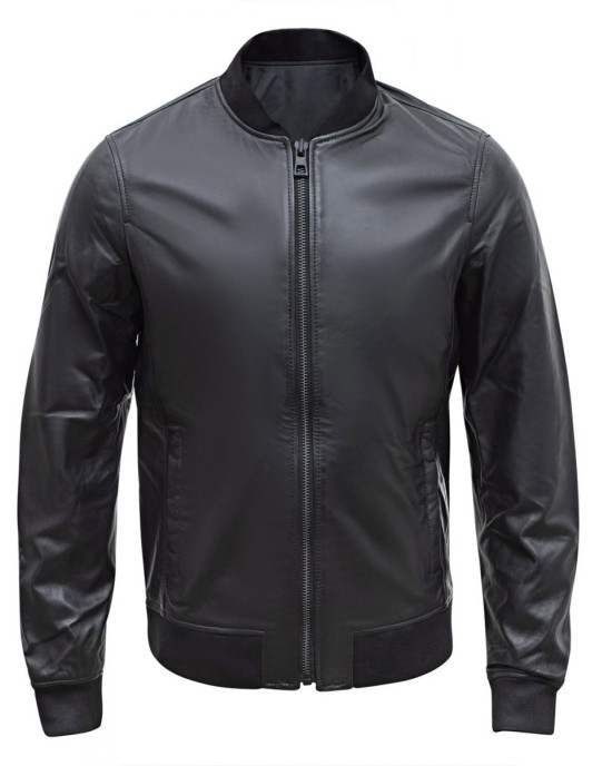 Men’s Casual Bomber Real Black Leather Jacket Men’s Casual Bomber Real Black Leather Jacket
