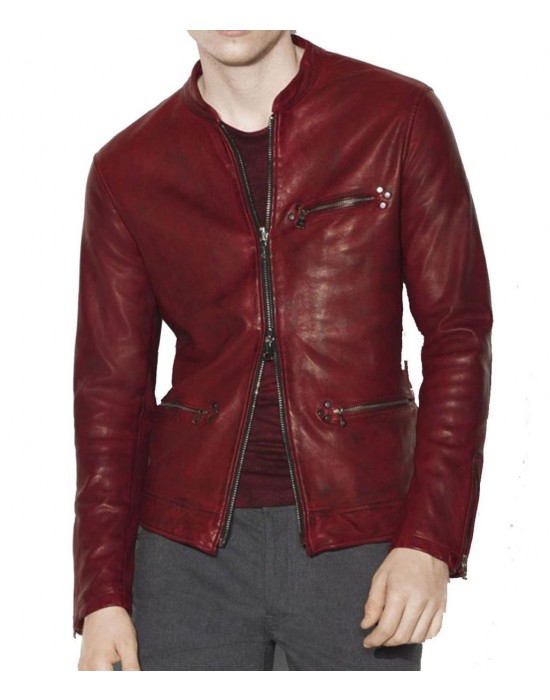 Men’s Casual Red Burnished Dual Zipper Jacket