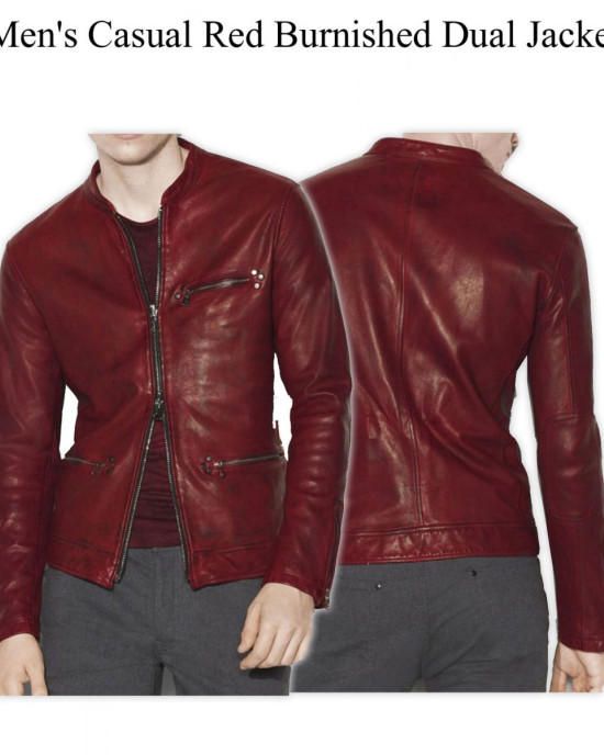 Men’s Casual Red Burnished Dual Zipper Jacket Men’s Casual Red Burnished Dual Zipper Jacket