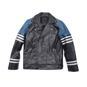 Men’s Classic Black and Blue Striped Leather Biker Jacket