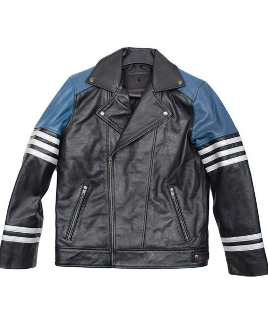 Men’s Classic Black and Blue Striped Leather Biker Jacket Men’s Classic Black and Blue Striped Leather Biker Jacket