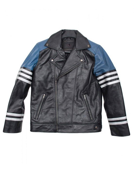 Men’s Classic Black and Blue Striped Leather Biker Jacket