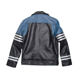 Men’s Classic Black and Blue Striped Leather Biker Jacket