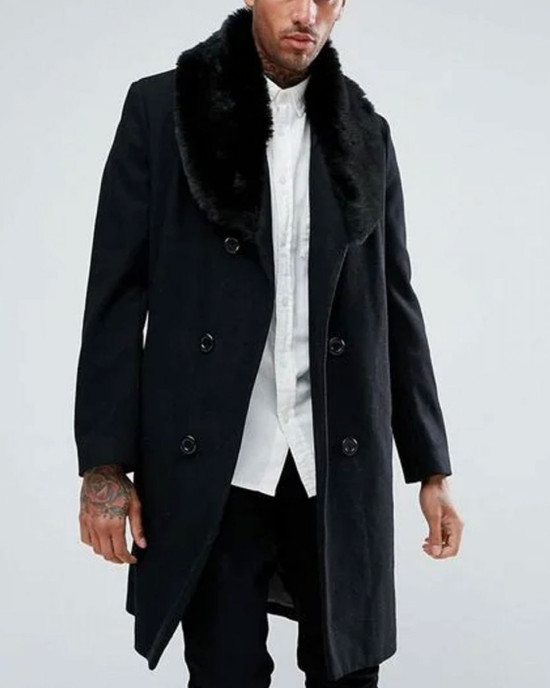 Men’s Double Breasted Black Overcoat with Faux Fur Trim Men’s Double Breasted Black Overcoat with Faux Fur Trim