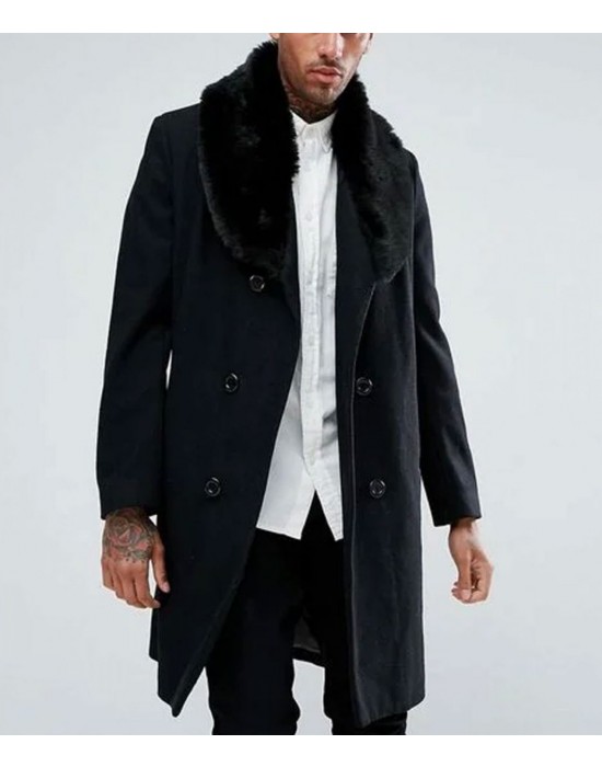 Men’s Double Breasted Black Overcoat with Faux Fur Trim