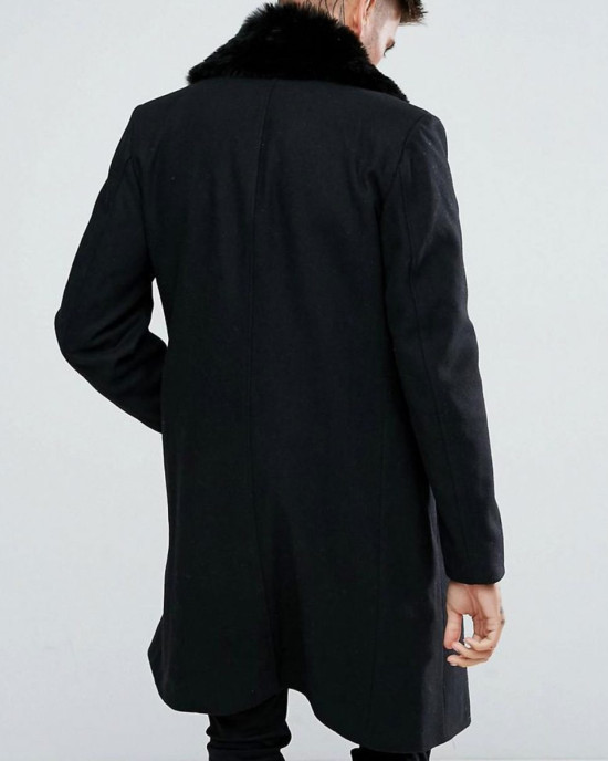 Men’s Double Breasted Black Overcoat with Faux Fur Trim Men’s Double Breasted Black Overcoat with Faux Fur Trim