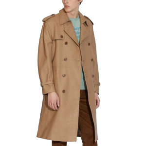 Men’s Double Breasted Light Brown Belted Leather Coat