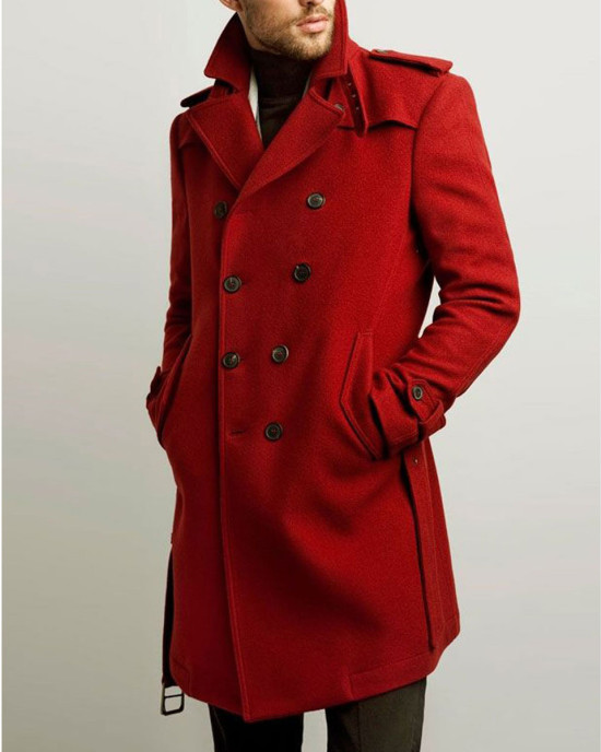Men’s Double Breasted Red Belted Coat Men’s Double Breasted Red Belted Coat