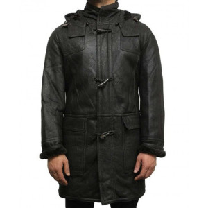 Men’s Duffle Shearling Sheepskin Hooded Leather Coat