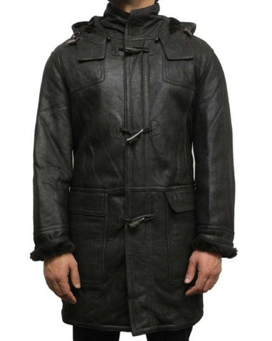 Men’s Duffle Shearling Sheepskin Hooded Leather Coat Men’s Duffle Shearling Sheepskin Hooded Leather Coat