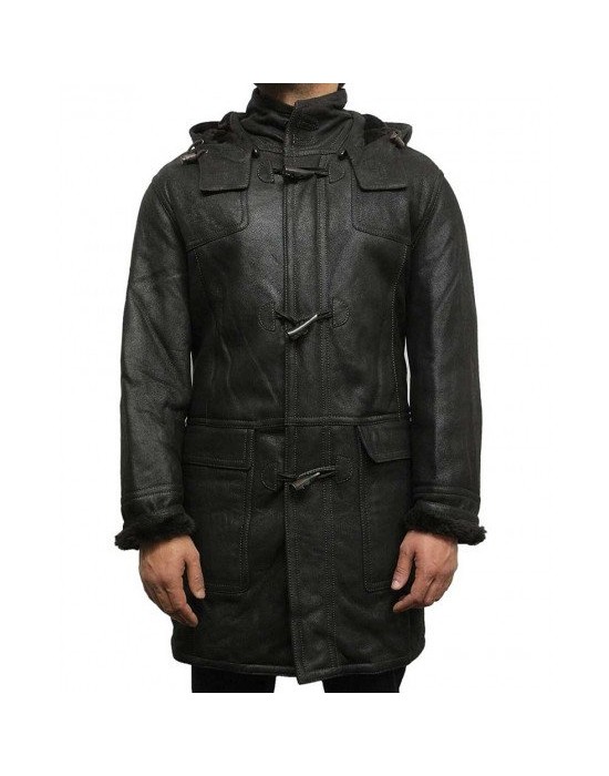 Men’s Duffle Shearling Sheepskin Hooded Leather Coat
