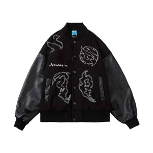 Men’s Embroidered Hip Hop Wool Varsity Jacket with Leather Sleeve