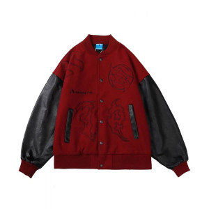 Men’s Embroidered Hip Hop Wool Varsity Jacket with Leather Sleeve