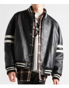 Men’s Homme Striped Black Leather Bomber Jacket