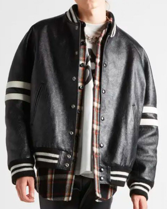 Men’s Homme Striped Black Leather Bomber Jacket Men’s Homme Striped Black Leather Bomber Jacket
