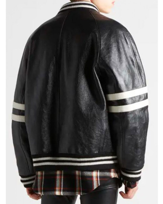 Men’s Homme Striped Black Leather Bomber Jacket Men’s Homme Striped Black Leather Bomber Jacket