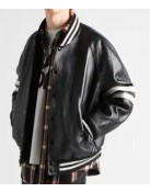 Men’s Homme Striped Black Leather Bomber Jacket