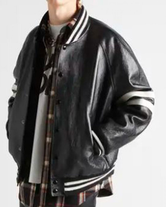 Men’s Homme Striped Black Leather Bomber Jacket Men’s Homme Striped Black Leather Bomber Jacket