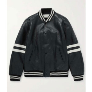 Men’s Homme Striped Black Leather Bomber Jacket