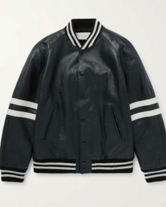 Men’s Homme Striped Black Leather Bomber Jacket Men’s Homme Striped Black Leather Bomber Jacket