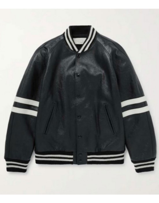 Men’s Homme Striped Black Leather Bomber Jacket