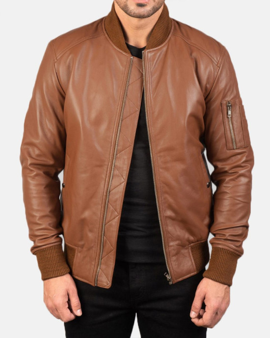 Men’s MA-1 Flight Brown Leather Bomber Jacket Men’s MA-1 Flight Brown Leather Bomber Jacket