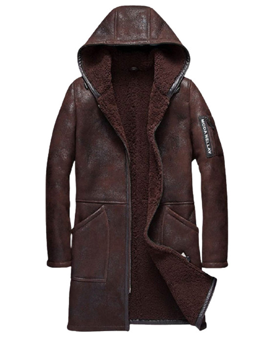 Men’s Moda Nellav Dark Brown Shearling Leather Hooded Coat Men’s Moda Nellav Dark Brown Shearling Leather Hooded Coat