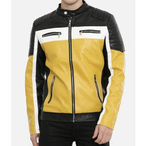 Men’s Motorcycle Color Block Quilted Leather Jacket