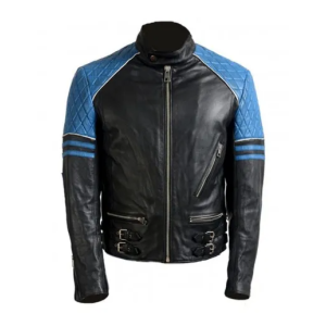 Men’s Quilted Biker Stylish Black and Blue Leather Jacket
