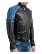 Men’s Quilted Biker Stylish Black and Blue Leather Jacket