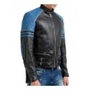 Men’s Quilted Biker Stylish Black and Blue Leather Jacket