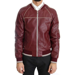 Men’s Stitched Bomber Maroon Leather Jacket
