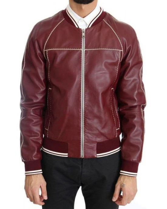 Men’s Stitched Bomber Maroon Leather Jacket Men’s Stitched Bomber Maroon Leather Jacket