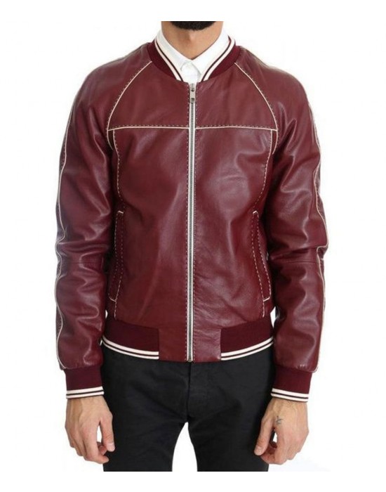 Men’s Stitched Bomber Maroon Leather Jacket