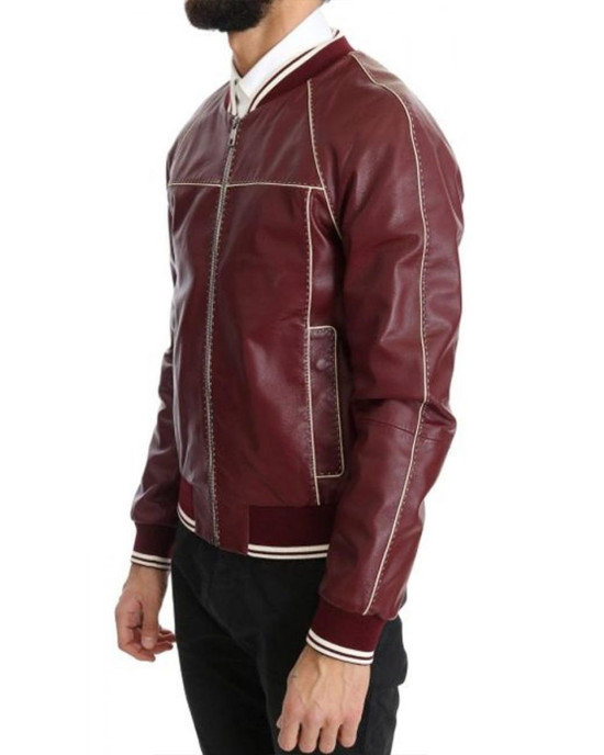 Men’s Stitched Bomber Maroon Leather Jacket Men’s Stitched Bomber Maroon Leather Jacket