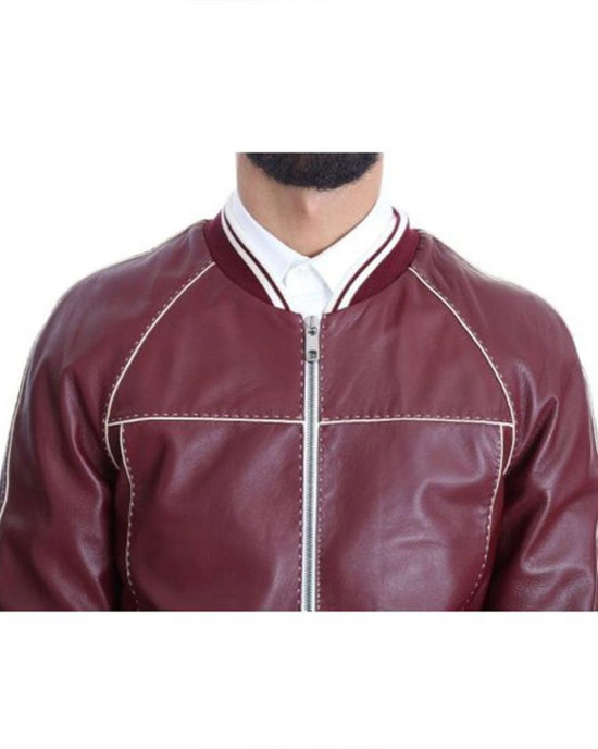 Men’s Stitched Bomber Maroon Leather Jacket Men’s Stitched Bomber Maroon Leather Jacket
