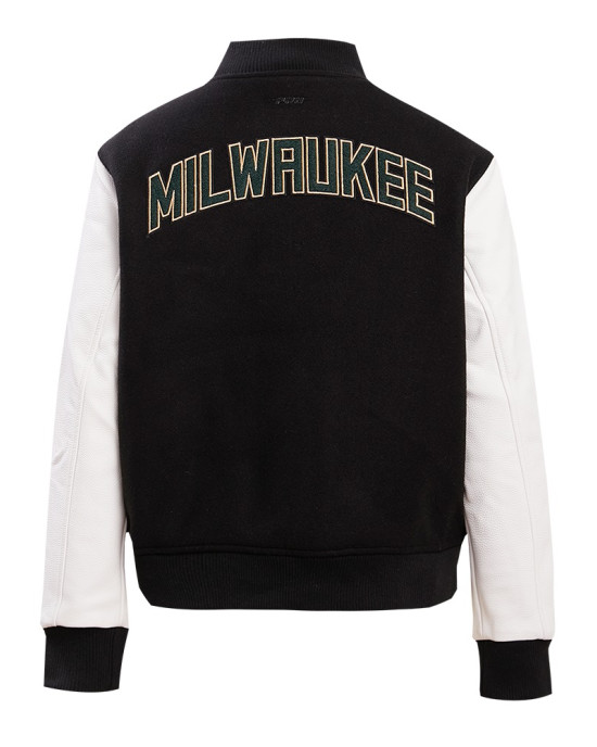 Milwaukee Bucks Classic Black And White Wool Varsity Jacket Milwaukee Bucks Classic Black And White Wool Varsity Jacket