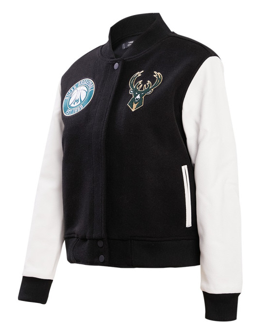 Milwaukee Bucks Classic Black And White Wool Varsity Jacket Milwaukee Bucks Classic Black And White Wool Varsity Jacket