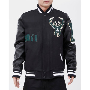 Milwaukee Bucks Old English Black Wool Varsity Jacket