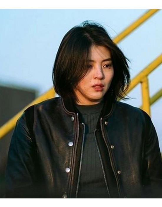 My Name Han So-Hee Black Leather Bomber Jacket