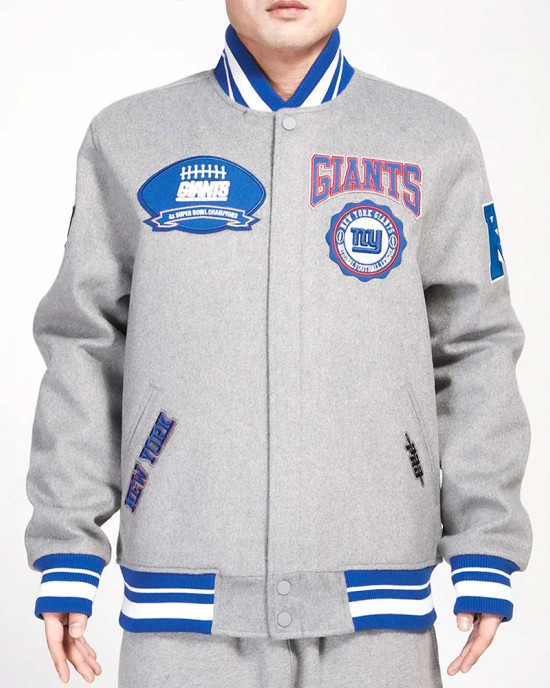 NY Giants Crest Emblem Gray Varsity Wool Jacket NY Giants Crest Emblem Gray Varsity Wool Jacket