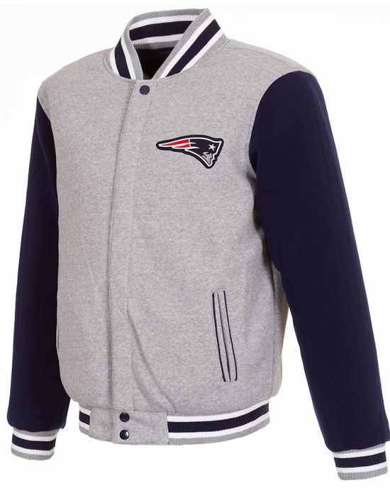 New England Patriots Varsity Gray and Navy Wool Jacket New England Patriots Varsity Gray and Navy Wool Jacket
