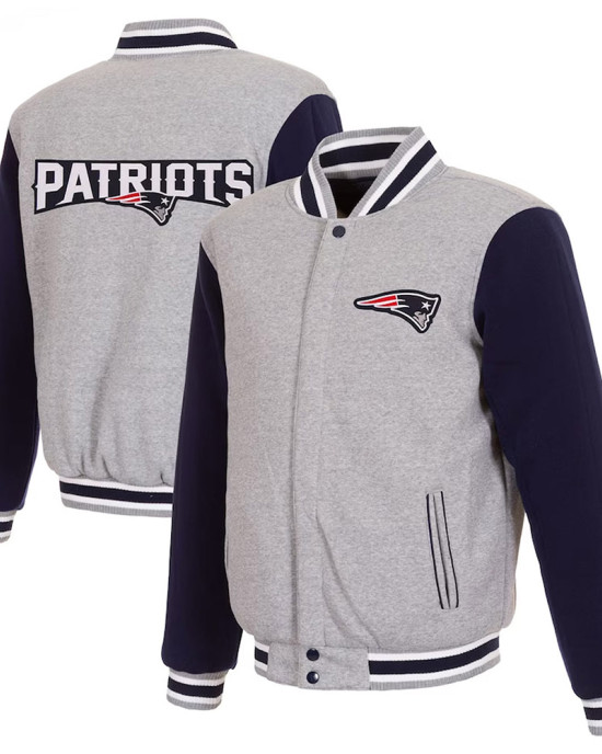 New England Patriots Varsity Gray and Navy Wool Jacket New England Patriots Varsity Gray and Navy Wool Jacket